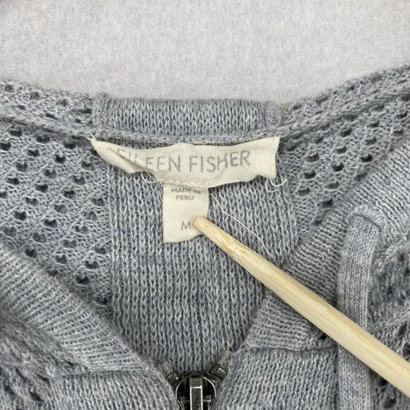 EILEEN FISHER Sweater M Organic Cotton Mesh Cardigan 2 Way Zip Hoodie Gray - Picture 8 of 12